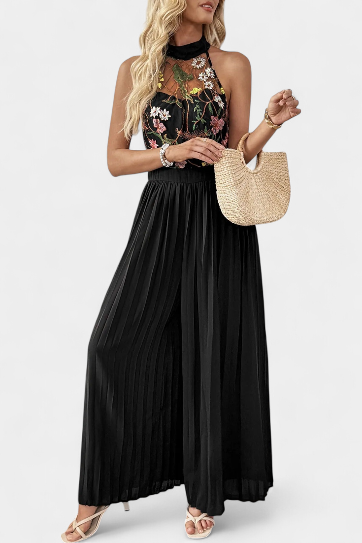 Maruja Mono Palazzo avec Broderie Florale et Dentelle Transparente