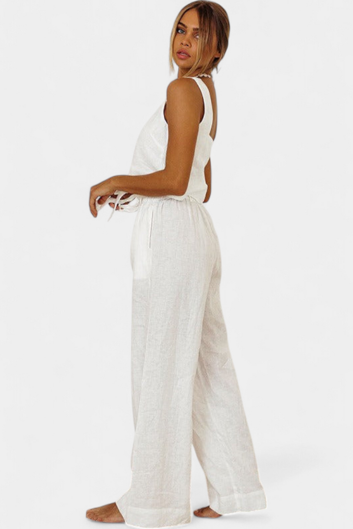 Pascuala Ensemble en Lin de Deux Pièces avec Blouse Sans Manches et Pantalon Fluide