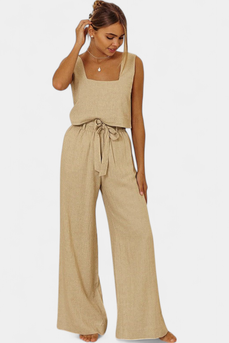 Pascuala Ensemble en Lin de Deux Pièces avec Blouse Sans Manches et Pantalon Fluide