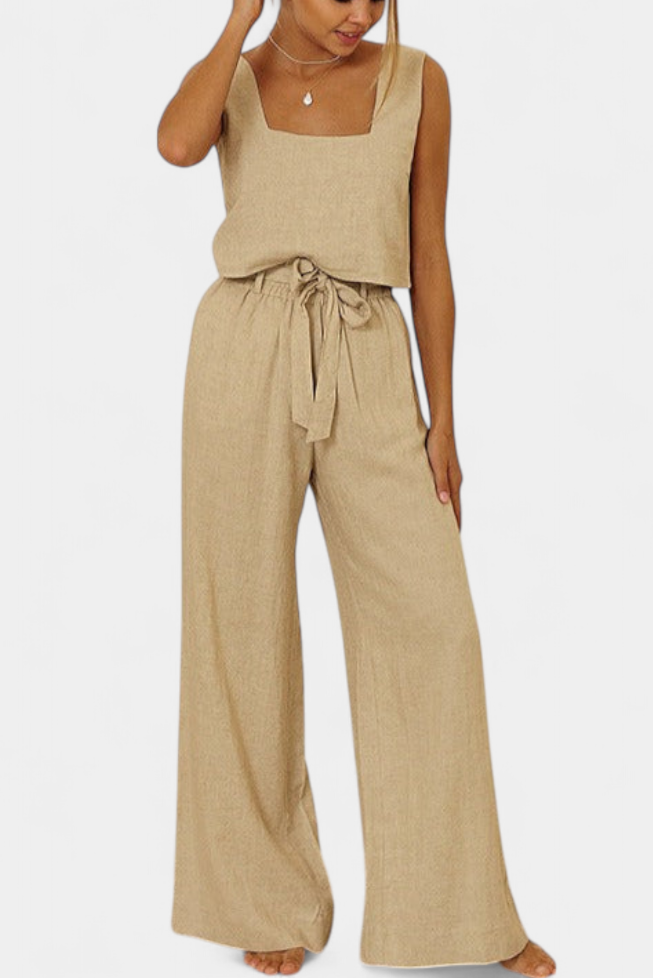 Pascuala Ensemble en Lin de Deux Pièces avec Blouse Sans Manches et Pantalon Fluide