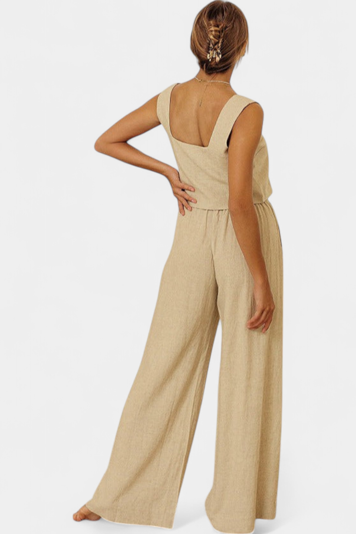 Pascuala Ensemble en Lin de Deux Pièces avec Blouse Sans Manches et Pantalon Fluide
