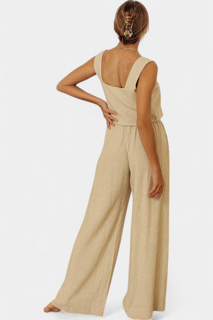 Pascuala Ensemble en Lin de Deux Pièces avec Blouse Sans Manches et Pantalon Fluide