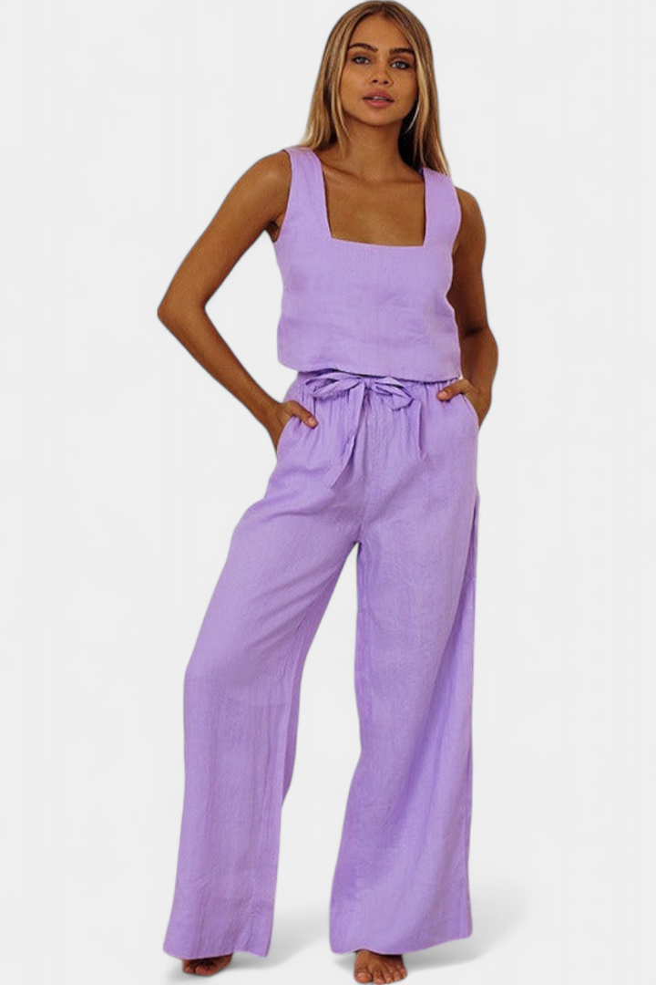 Pascuala Ensemble en Lin de Deux Pièces avec Blouse Sans Manches et Pantalon Fluide