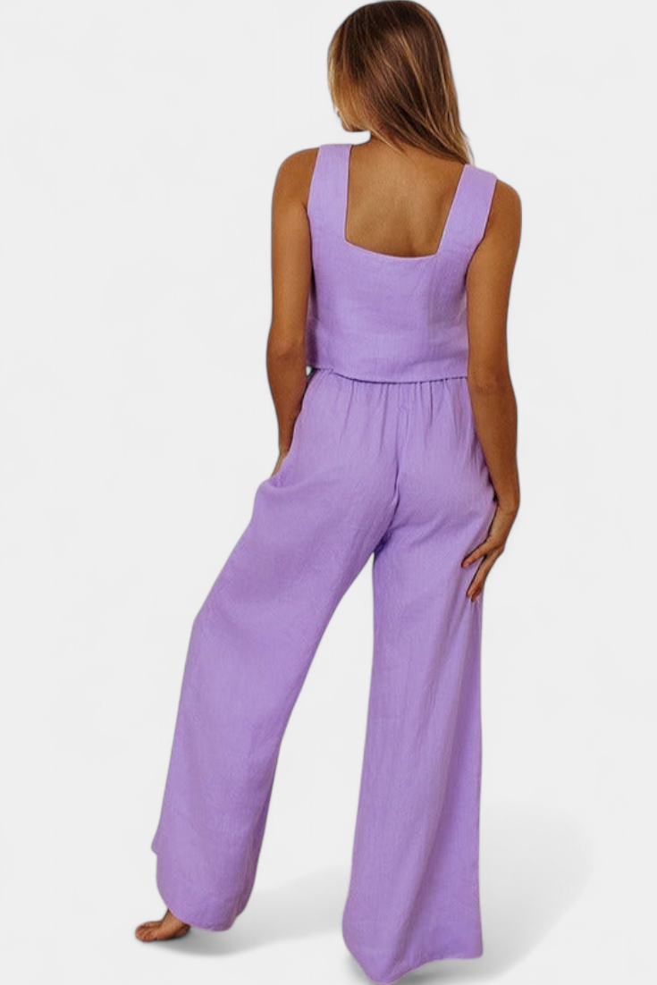 Pascuala Ensemble en Lin de Deux Pièces avec Blouse Sans Manches et Pantalon Fluide