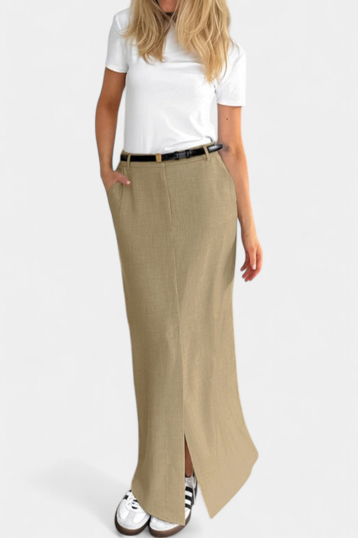 Jupe Amani Longue à Taille Haute avec Fente Frontale et Coupe Droite