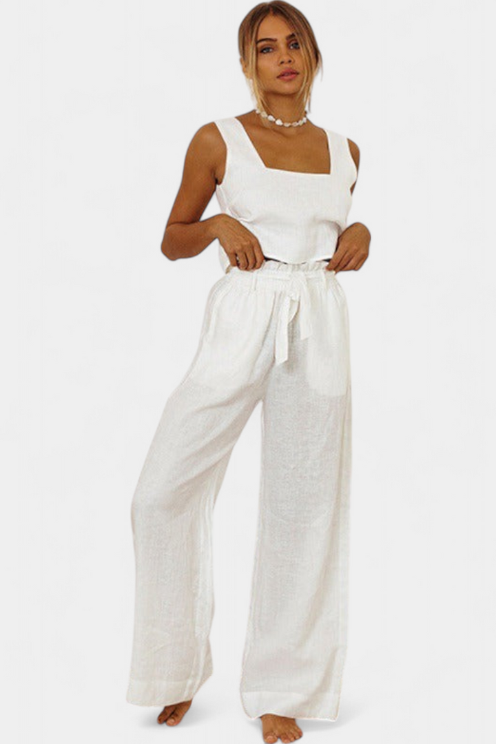 Pascuala Ensemble en Lin de Deux Pièces avec Blouse Sans Manches et Pantalon Fluide