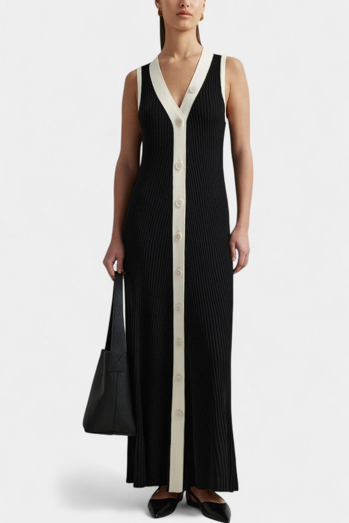 Robe Brielle en Tricot Sans Manches avec Décolleté en V et Boutons Contrastés