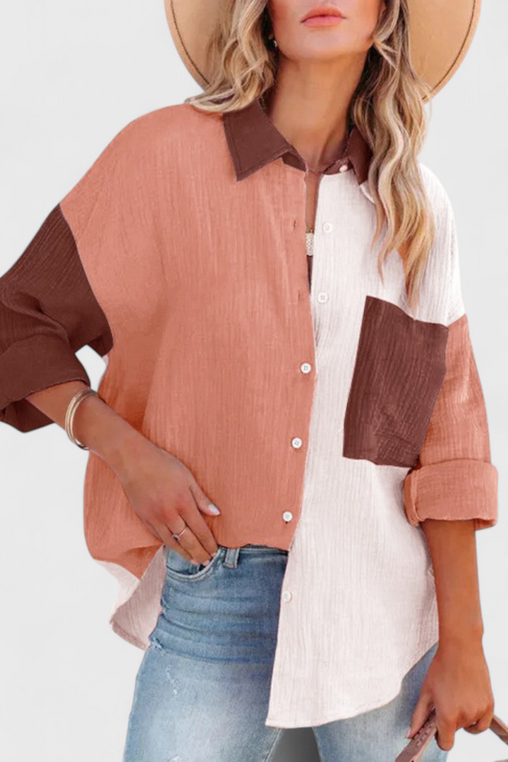 Blouse Juniper à Boutons en Bloc de Couleur