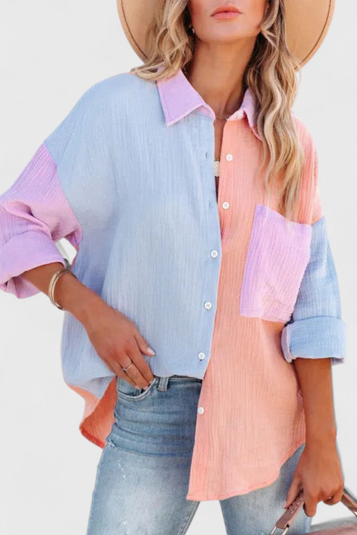 Blouse Juniper à Boutons en Bloc de Couleur