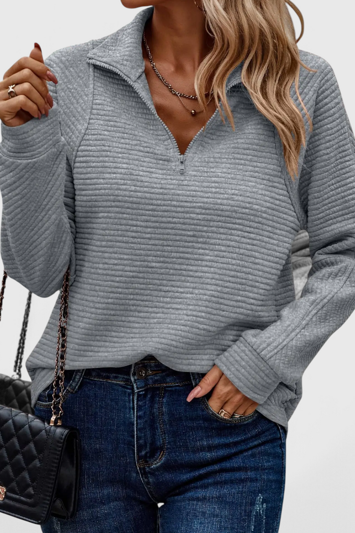 Pull Helene à Col en V avec Fermeture Éclair et Manches Longues