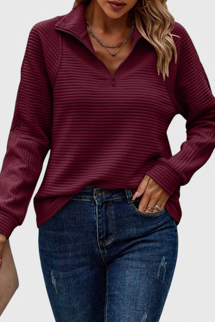 Pull Helene à Col en V avec Fermeture Éclair et Manches Longues