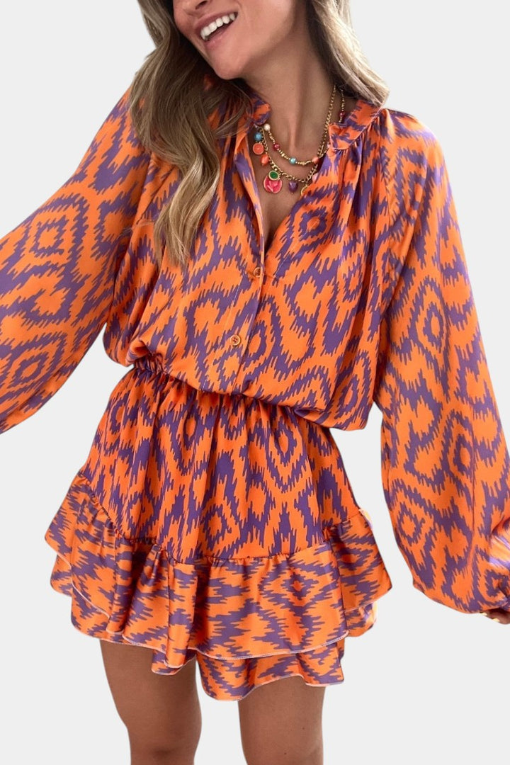 Yasmine Mono Mini avec Volants et Imprimé Ikat