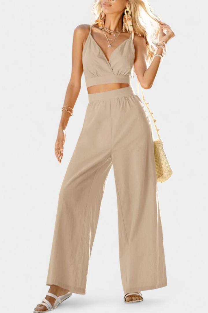 Valentina Ensemble de Gilet en Dentelle à Dos Nu et Pantalons Amples