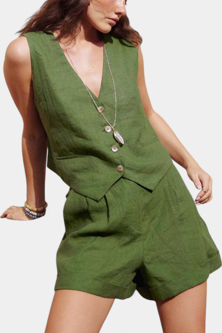 Jennifer Ensemble Gilet et Shorts en Lin Coton