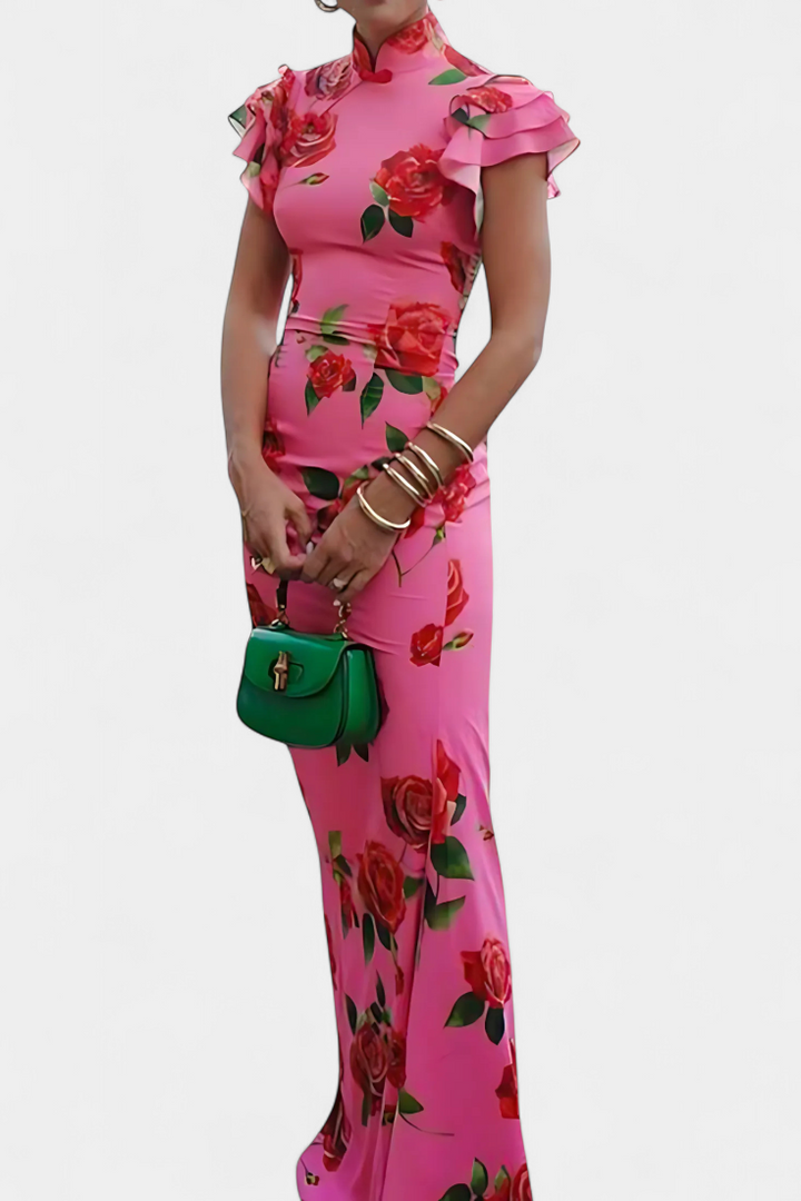 Robe Qipao Mayra avec Imprimé de Roses Élégant