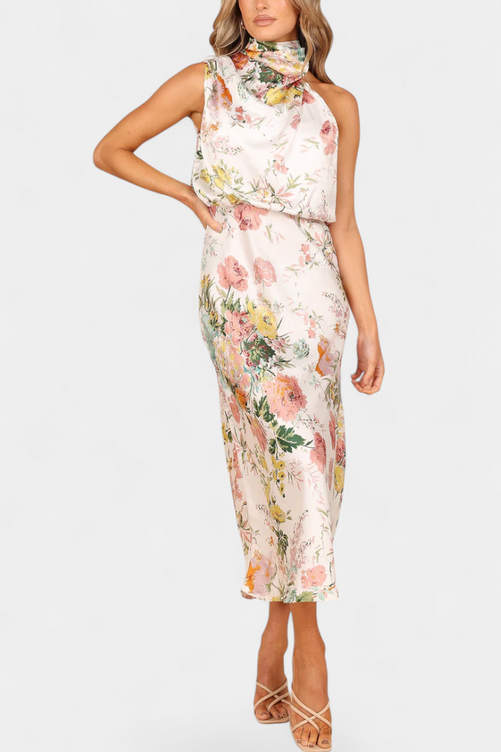 Robe Maxi Fleurie Lisa avec Col Halter et Taille Élastique