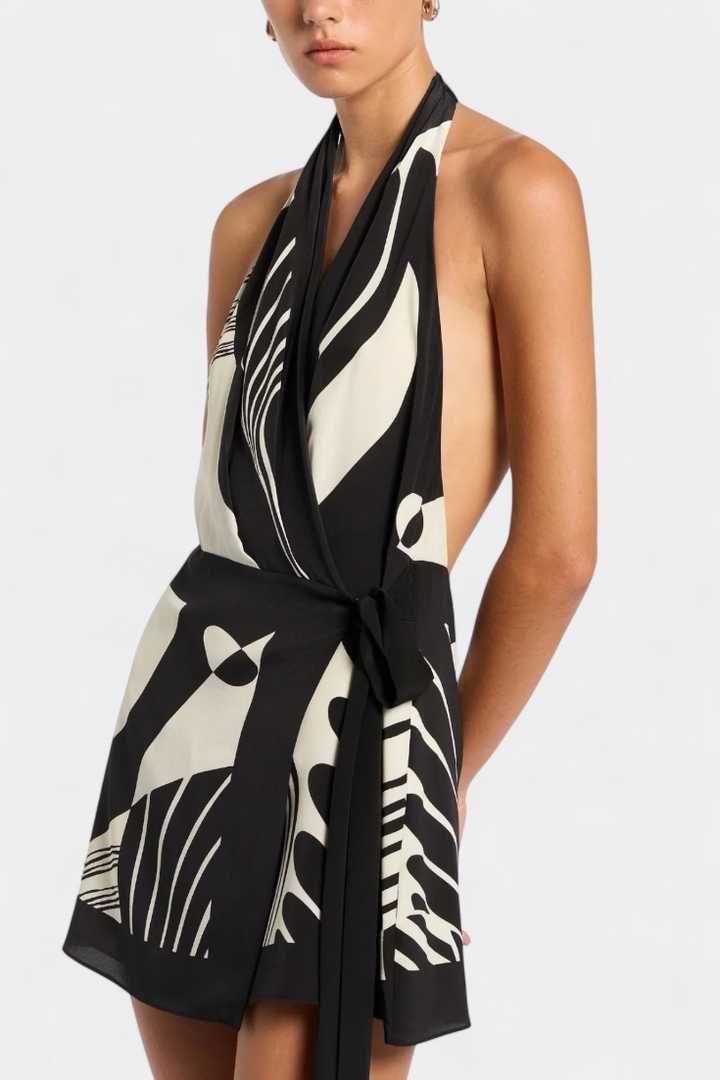Robe Courte Halter Fae avec Imprimé Abstrait et Ceinture