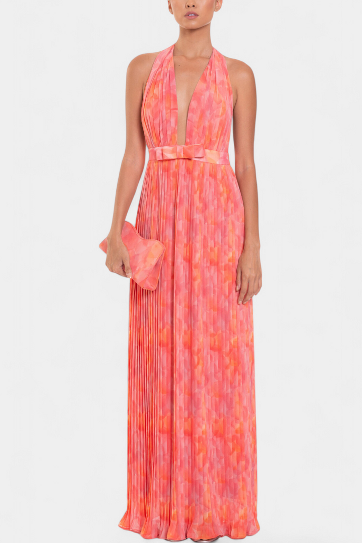 Robe Maxi Plissée Prisca avec Dos Nu et Col Halter