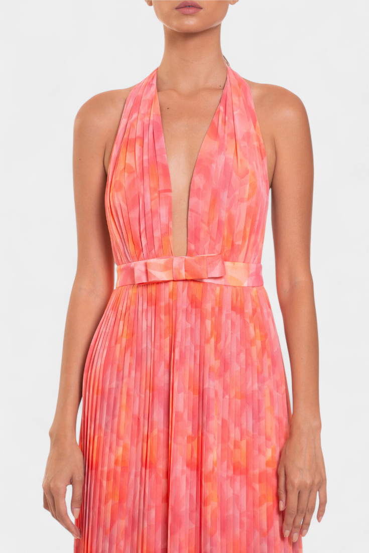 Robe Maxi Plissée Prisca avec Dos Nu et Col Halter