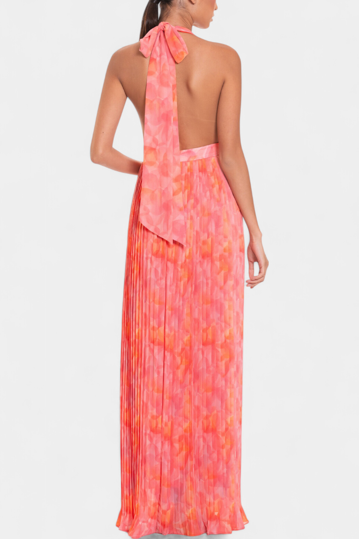 Robe Maxi Plissée Prisca avec Dos Nu et Col Halter