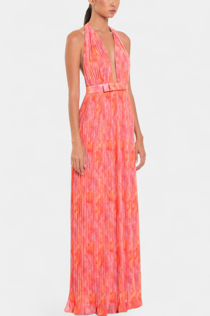 Robe Maxi Plissée Prisca avec Dos Nu et Col Halter