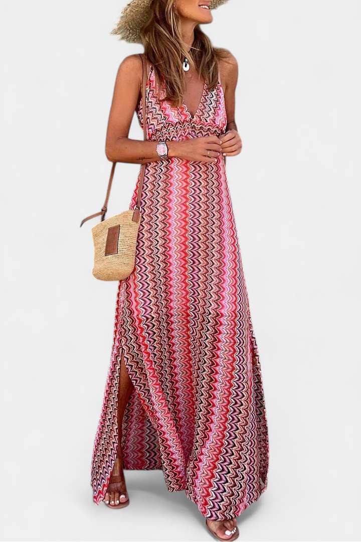 Jeni Robe Longue Boho avec Décolleté Halter et Imprimé Tribal