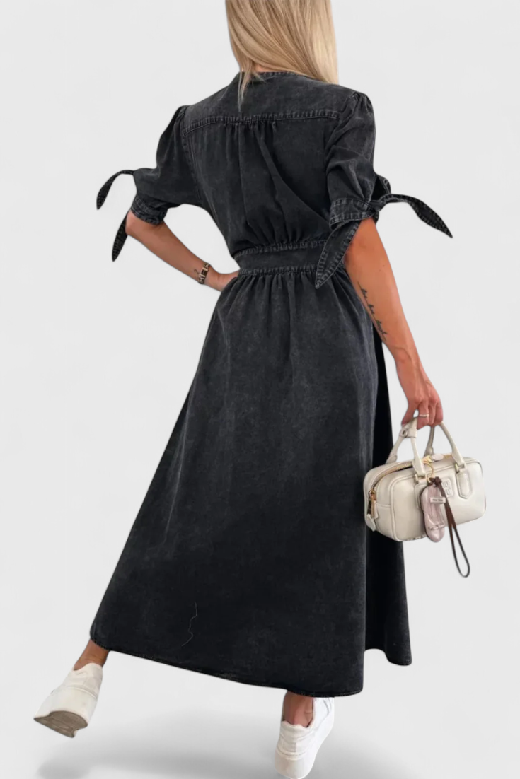 Robe Midi en Jean Adelina avec Boutons et Décolleté en V