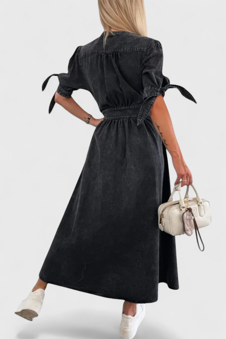 Robe Midi en Jean Adelina avec Boutons et Décolleté en V