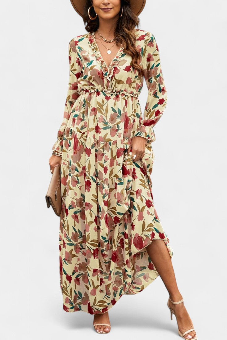 Robe Maxi Fleurie Keti avec Manches Longues et Volants Délicats