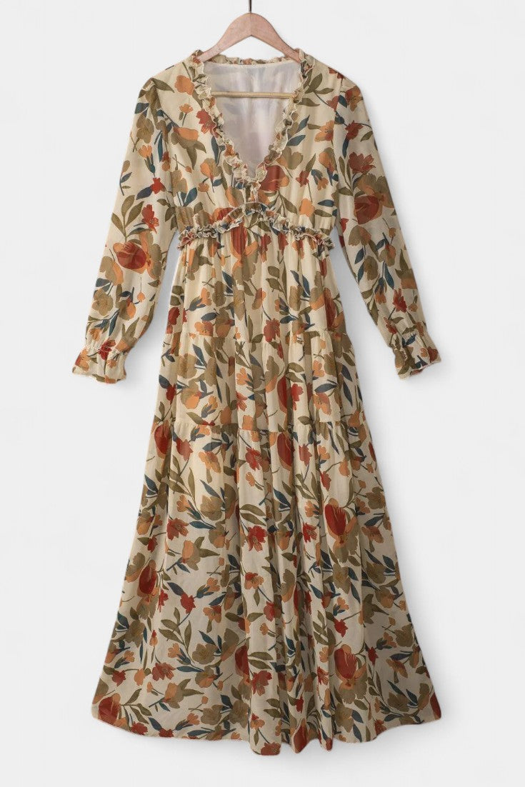 Robe Maxi Fleurie Keti avec Manches Longues et Volants Délicats